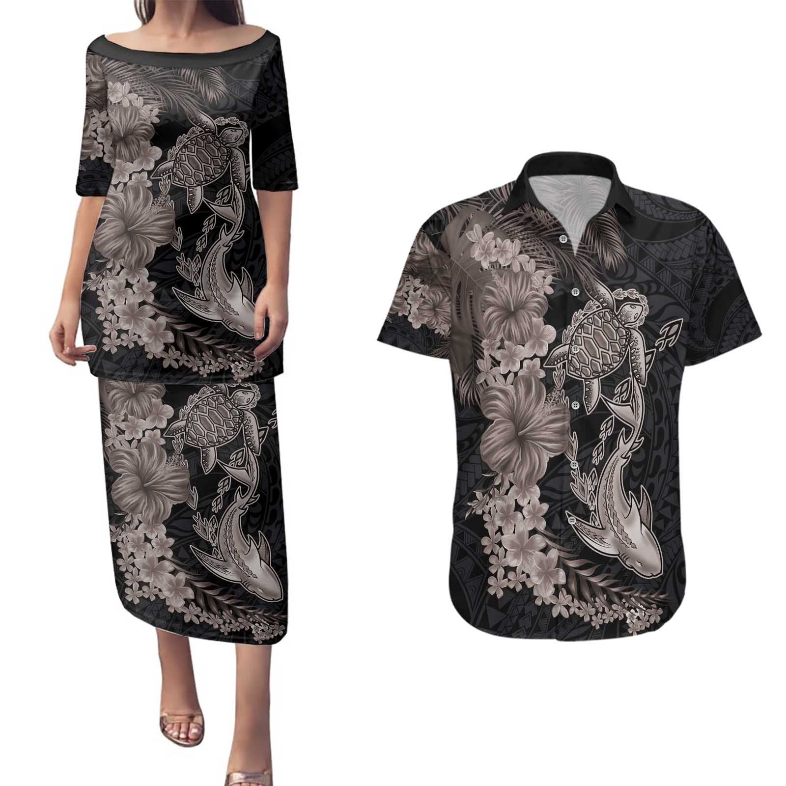 Hawaiian Tropical Plants Turtle and Shark Couples Matching Puletasi and Hawaiian Shirt Polynesian Art Tattoo Grayscale Color LT03 Black - Polynesian Pride