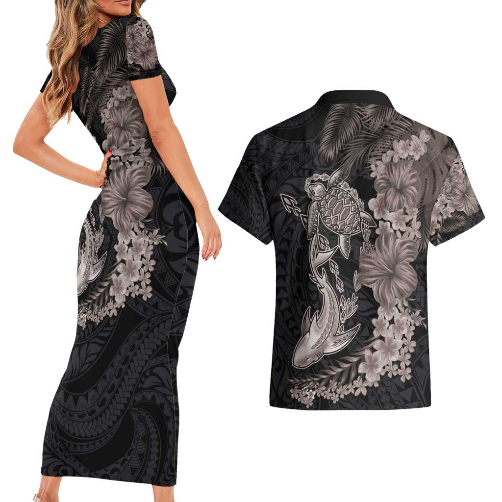 Hawaiian Tropical Plants Turtle and Shark Couples Matching Short Sleeve Bodycon Dress and Hawaiian Shirt Polynesian Art Tattoo Grayscale Color