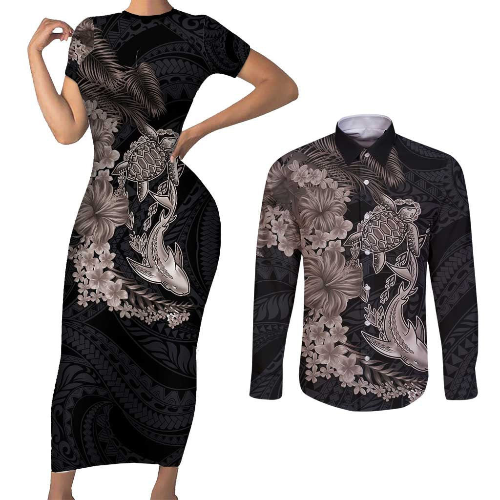 Hawaiian Tropical Plants Turtle and Shark Couples Matching Short Sleeve Bodycon Dress and Long Sleeve Button Shirt Polynesian Art Tattoo Grayscale Color LT03 Black - Polynesian Pride