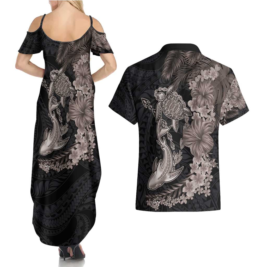 Hawaiian Tropical Plants Turtle and Shark Couples Matching Summer Maxi Dress and Hawaiian Shirt Polynesian Art Tattoo Grayscale Color