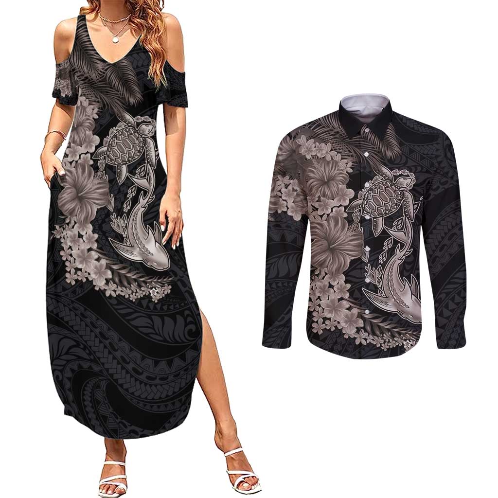 Hawaiian Tropical Plants Turtle and Shark Couples Matching Summer Maxi Dress and Long Sleeve Button Shirt Polynesian Art Tattoo Grayscale Color LT03 Black - Polynesian Pride