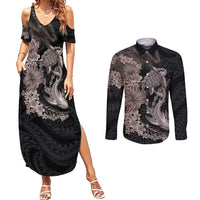 Hawaiian Tropical Plants Turtle and Shark Couples Matching Summer Maxi Dress and Long Sleeve Button Shirt Polynesian Art Tattoo Grayscale Color LT03 Black - Polynesian Pride
