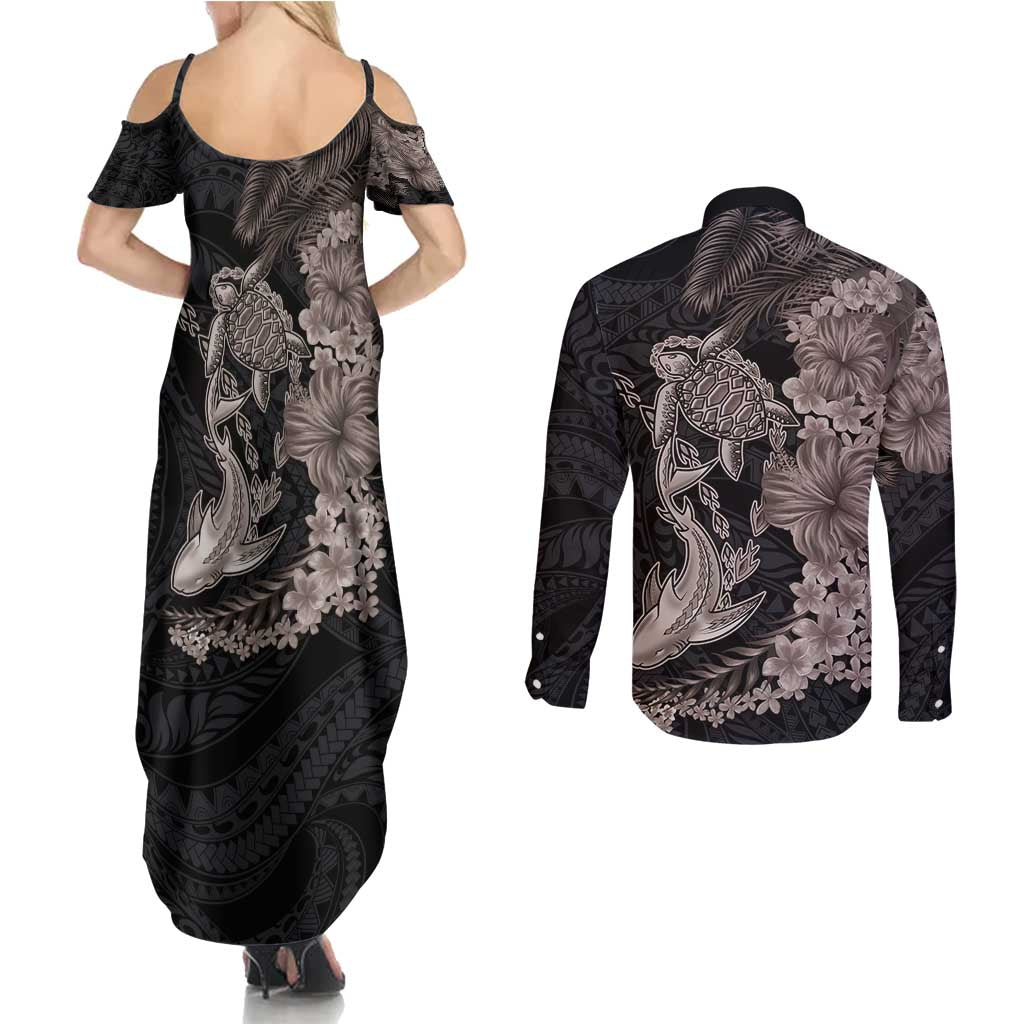 Hawaiian Tropical Plants Turtle and Shark Couples Matching Summer Maxi Dress and Long Sleeve Button Shirt Polynesian Art Tattoo Grayscale Color LT03 - Polynesian Pride
