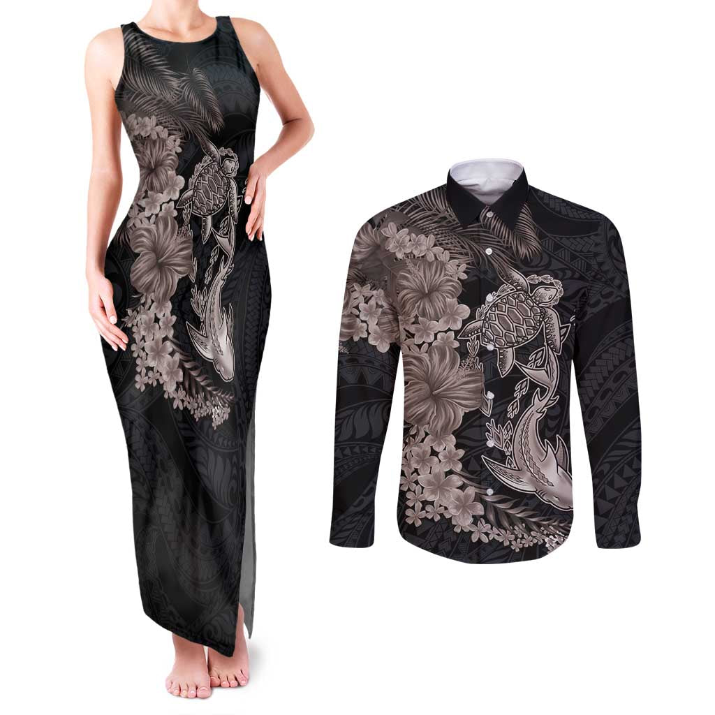 Hawaiian Tropical Plants Turtle and Shark Couples Matching Tank Maxi Dress and Long Sleeve Button Shirt Polynesian Art Tattoo Grayscale Color LT03 Black - Polynesian Pride