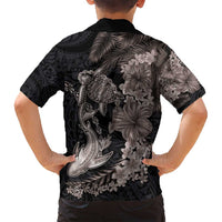 Hawaiian Tropical Plants Turtle and Shark Family Matching Long Sleeve Bodycon Dress and Hawaiian Shirt Polynesian Art Tattoo Grayscale Color
