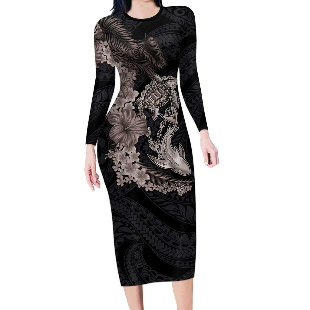 Hawaiian Tropical Plants Turtle and Shark Family Matching Long Sleeve Bodycon Dress and Hawaiian Shirt Polynesian Art Tattoo Grayscale Color