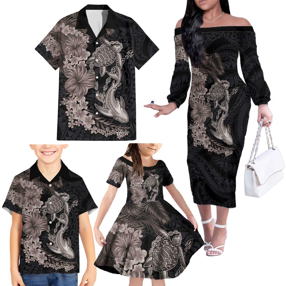 Hawaiian Tropical Plants Turtle and Shark Family Matching Off The Shoulder Long Sleeve Dress and Hawaiian Shirt Polynesian Art Tattoo Grayscale Color LT03 - Polynesian Pride