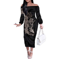 Hawaiian Tropical Plants Turtle and Shark Family Matching Off The Shoulder Long Sleeve Dress and Hawaiian Shirt Polynesian Art Tattoo Grayscale Color