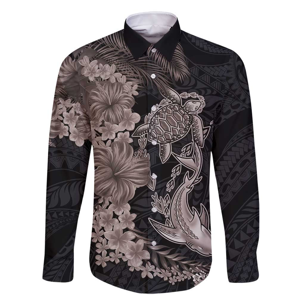 Hawaiian Tropical Plants Turtle and Shark Family Matching Off Shoulder Short Dress and Hawaiian Shirt Polynesian Art Tattoo Grayscale Color