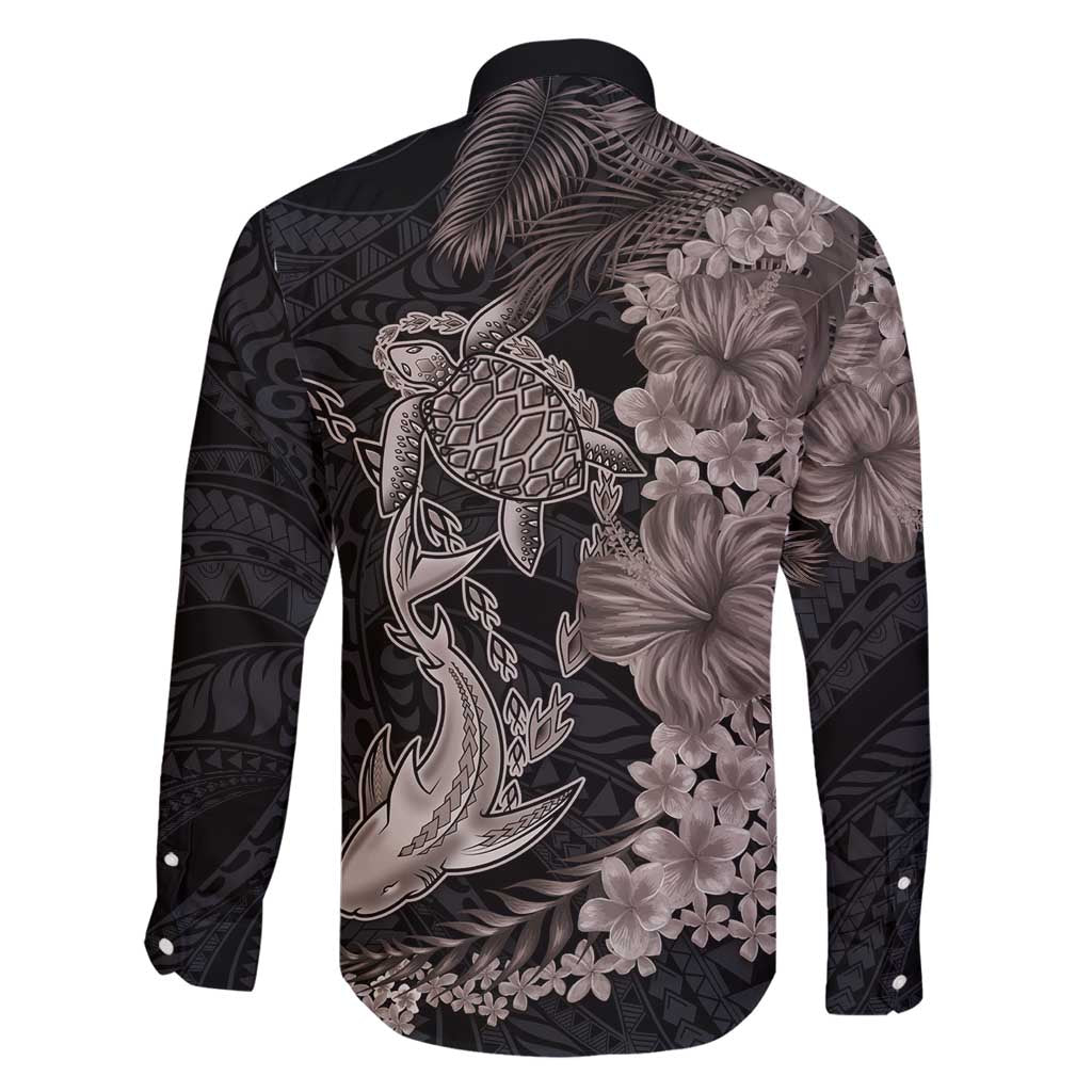 Hawaiian Tropical Plants Turtle and Shark Family Matching Off Shoulder Short Dress and Hawaiian Shirt Polynesian Art Tattoo Grayscale Color