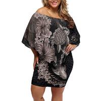Hawaiian Tropical Plants Turtle and Shark Family Matching Off Shoulder Short Dress and Hawaiian Shirt Polynesian Art Tattoo Grayscale Color