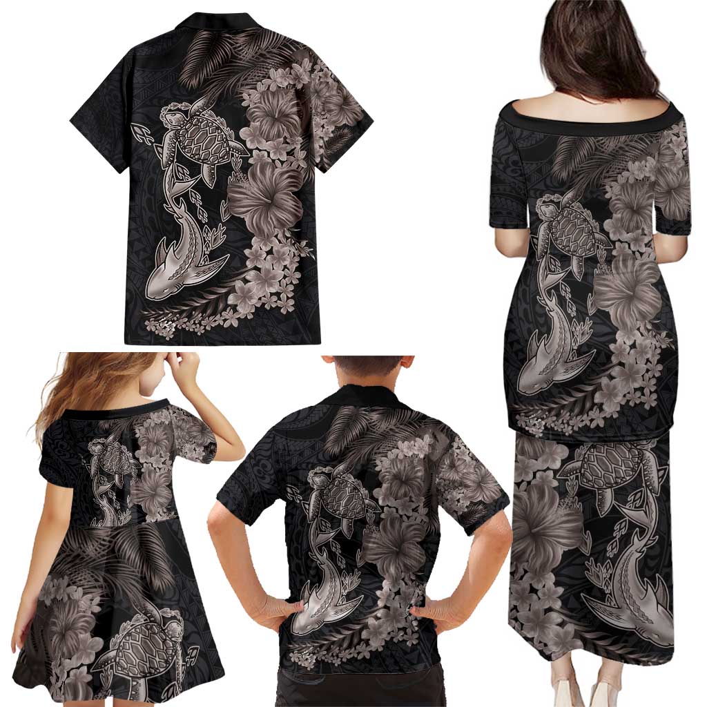 Hawaiian Tropical Plants Turtle and Shark Family Matching Puletasi and Hawaiian Shirt Polynesian Art Tattoo Grayscale Color