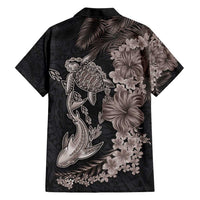 Hawaiian Tropical Plants Turtle and Shark Family Matching Short Sleeve Bodycon Dress and Hawaiian Shirt Polynesian Art Tattoo Grayscale Color