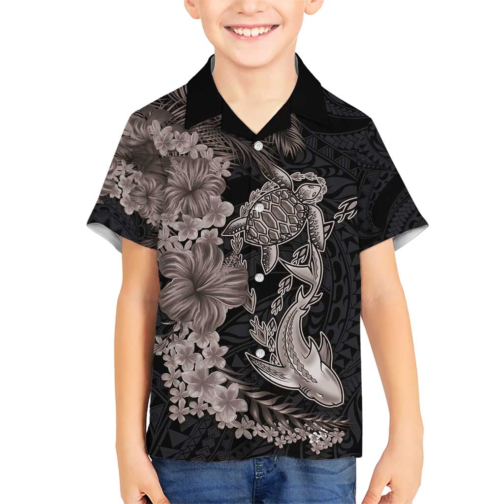 Hawaiian Tropical Plants Turtle and Shark Family Matching Short Sleeve Bodycon Dress and Hawaiian Shirt Polynesian Art Tattoo Grayscale Color