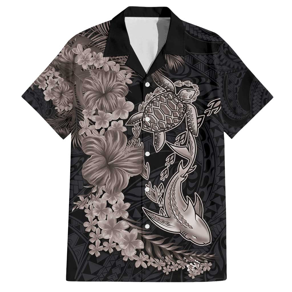Hawaiian Tropical Plants Turtle and Shark Family Matching Summer Maxi Dress and Hawaiian Shirt Polynesian Art Tattoo Grayscale Color