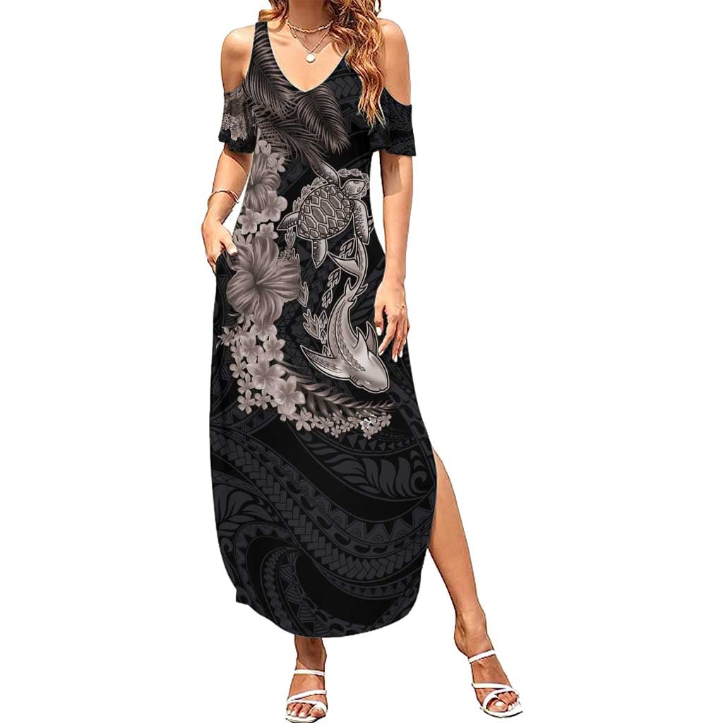 Hawaiian Tropical Plants Turtle and Shark Family Matching Summer Maxi Dress and Hawaiian Shirt Polynesian Art Tattoo Grayscale Color