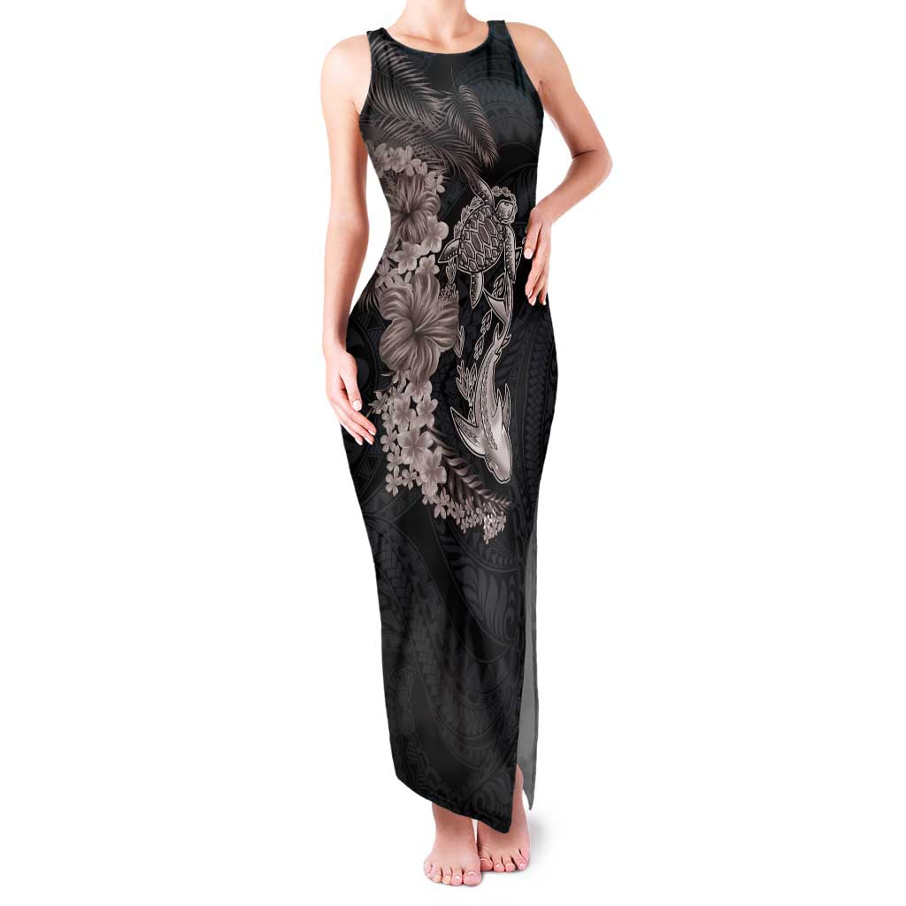 Hawaiian Tropical Plants Turtle and Shark Family Matching Tank Maxi Dress and Hawaiian Shirt Polynesian Art Tattoo Grayscale Color