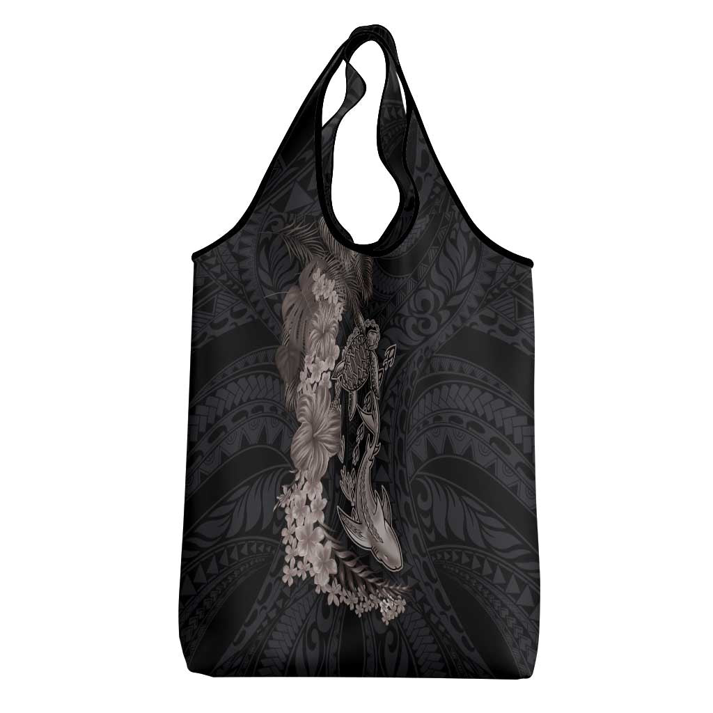 Hawaiian Tropical Plants Turtle and Shark Grocery Bag Polynesian Art Tattoo Grayscale Color LT03 - Polynesian Pride