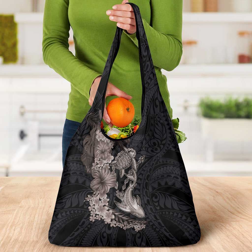 Hawaiian Tropical Plants Turtle and Shark Grocery Bag Polynesian Art Tattoo Grayscale Color LT03 - Polynesian Pride
