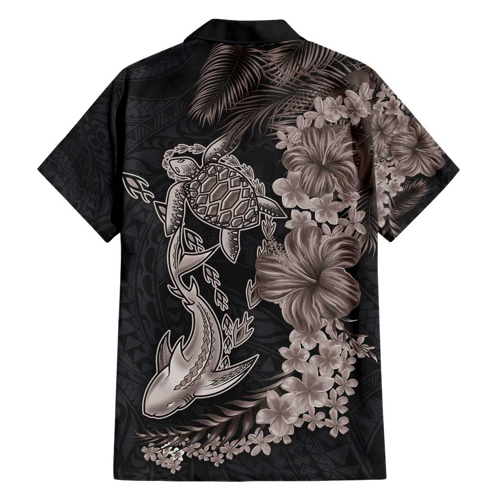 Hawaiian Tropical Plants Turtle and Shark Hawaiian Shirt Polynesian Art Tattoo Grayscale Color
