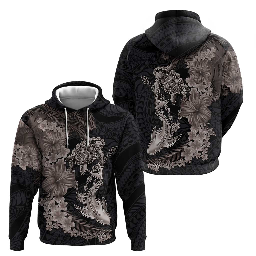 Hawaiian Tropical Plants Turtle and Shark Hoodie Polynesian Art Tattoo Grayscale Color