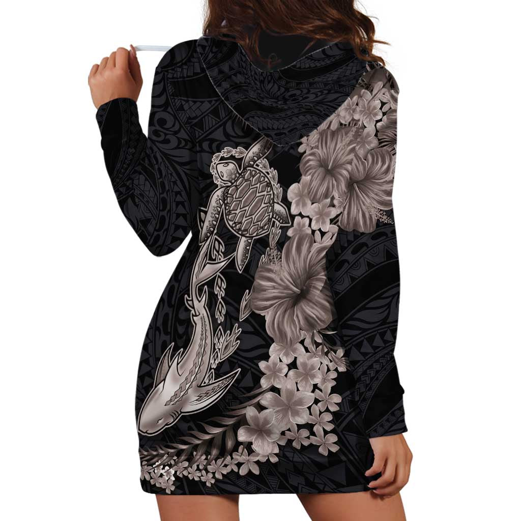Hawaiian Tropical Plants Turtle and Shark Hoodie Dress Polynesian Art Tattoo Grayscale Color