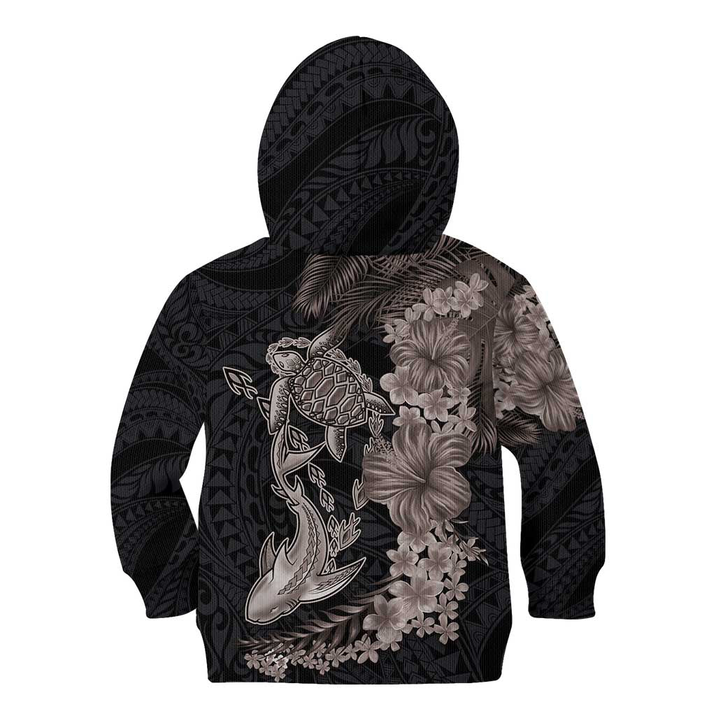 Hawaiian Tropical Plants Turtle and Shark Kid Hoodie Polynesian Art Tattoo Grayscale Color
