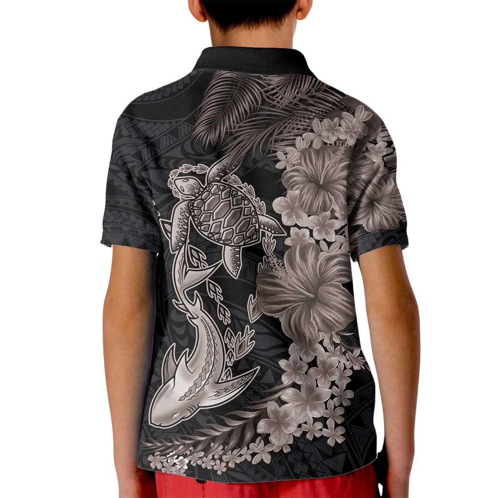 Hawaiian Tropical Plants Turtle and Shark Kid Polo Shirt Polynesian Art Tattoo Grayscale Color