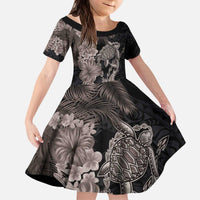 Hawaiian Tropical Plants Turtle and Shark Kid Short Sleeve Dress Polynesian Art Tattoo Grayscale Color