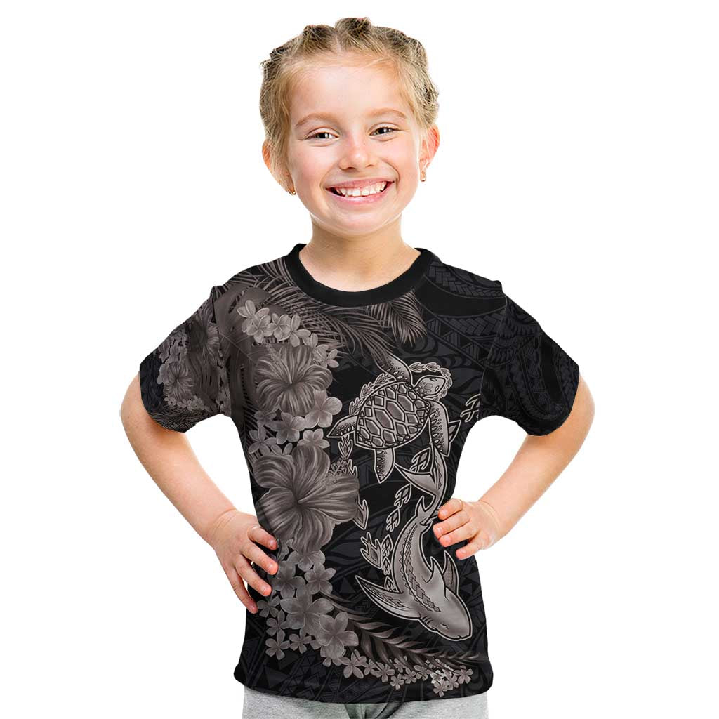 Hawaiian Tropical Plants Turtle and Shark Kid T Shirt Polynesian Art Tattoo Grayscale Color