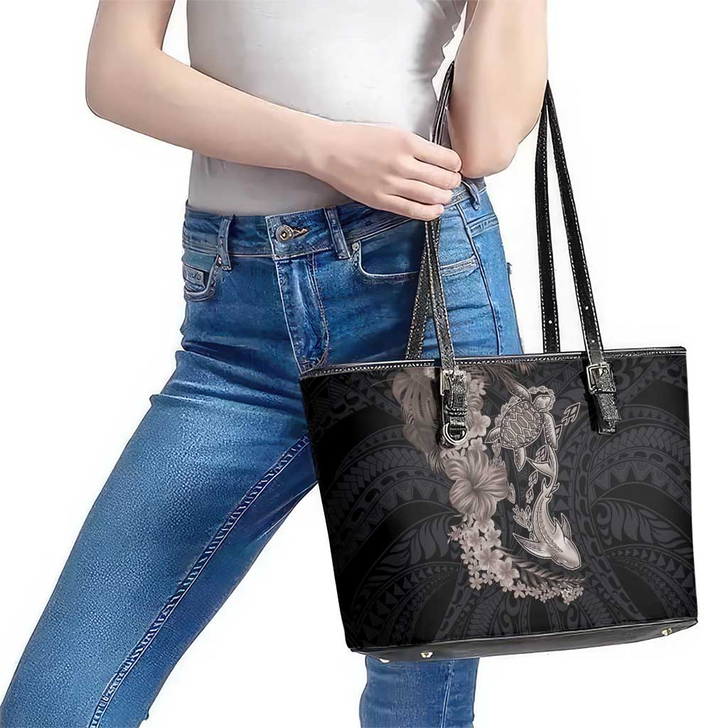 Hawaiian Tropical Plants Turtle and Shark Leather Tote Bag Polynesian Art Tattoo Grayscale Color