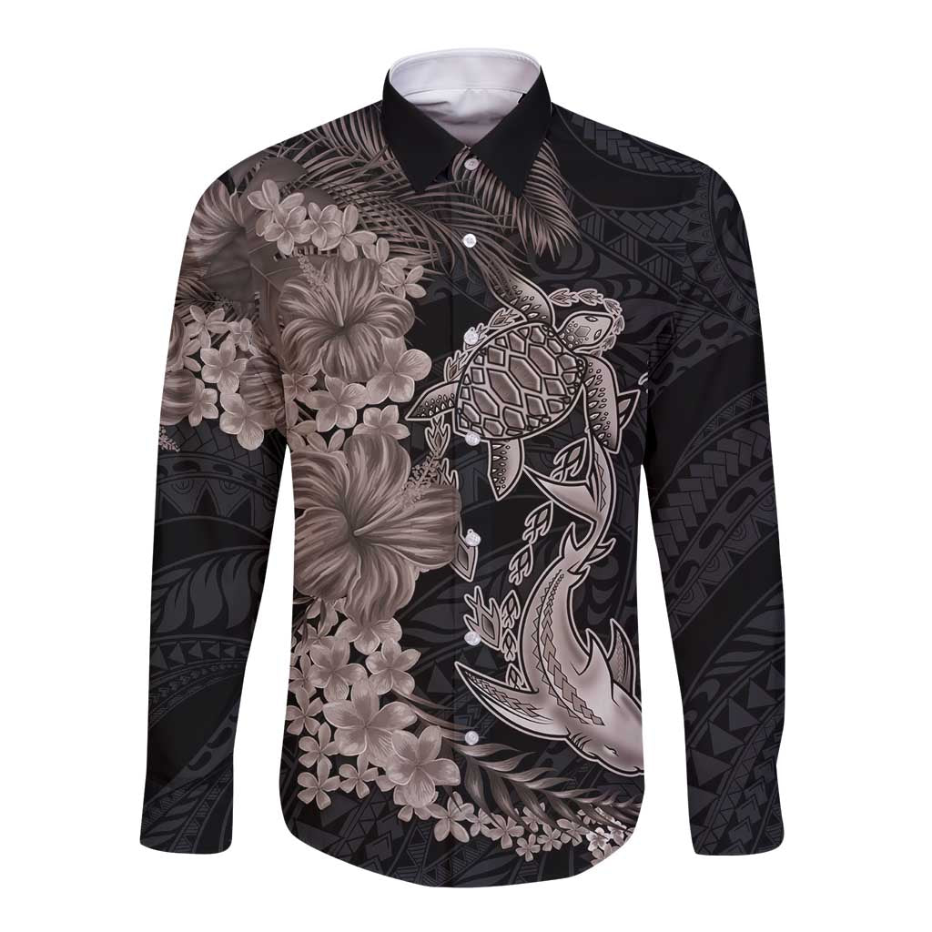 Hawaiian Tropical Plants Turtle and Shark Long Sleeve Button Shirt Polynesian Art Tattoo Grayscale Color LT03 Unisex Black - Polynesian Pride