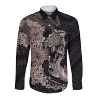 Hawaiian Tropical Plants Turtle and Shark Long Sleeve Button Shirt Polynesian Art Tattoo Grayscale Color LT03 Unisex Black - Polynesian Pride