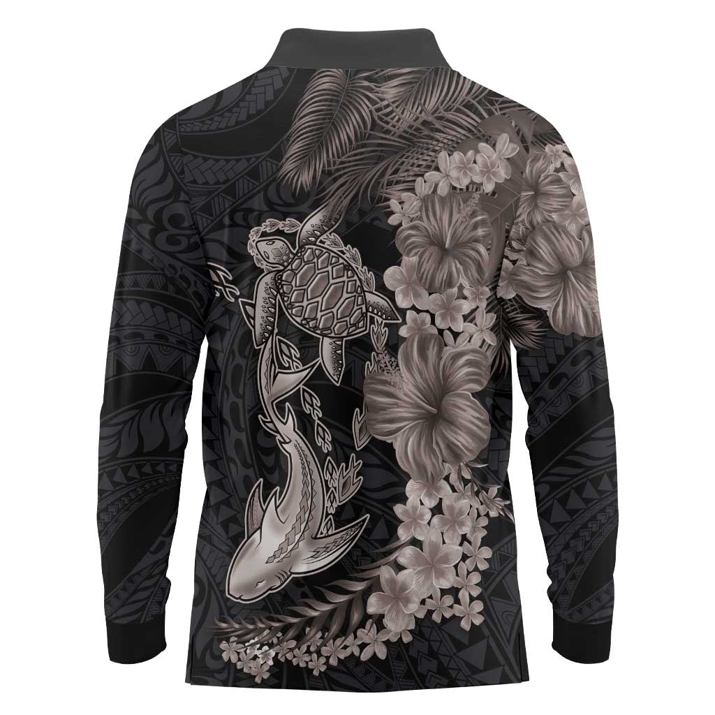 Hawaiian Tropical Plants Turtle and Shark Long Sleeve Polo Shirt Polynesian Art Tattoo Grayscale Color