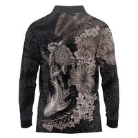 Hawaiian Tropical Plants Turtle and Shark Long Sleeve Polo Shirt Polynesian Art Tattoo Grayscale Color