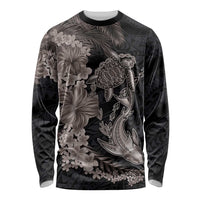 Hawaiian Tropical Plants Turtle and Shark Long Sleeve Shirt Polynesian Art Tattoo Grayscale Color LT03 Unisex Black - Polynesian Pride