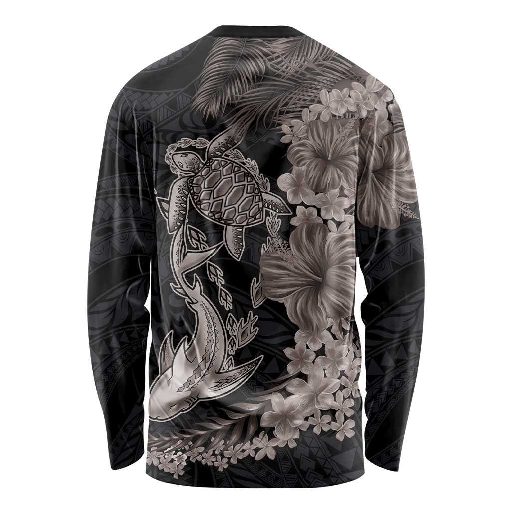 Hawaiian Tropical Plants Turtle and Shark Long Sleeve Shirt Polynesian Art Tattoo Grayscale Color LT03 - Polynesian Pride
