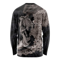 Hawaiian Tropical Plants Turtle and Shark Long Sleeve Shirt Polynesian Art Tattoo Grayscale Color LT03 - Polynesian Pride