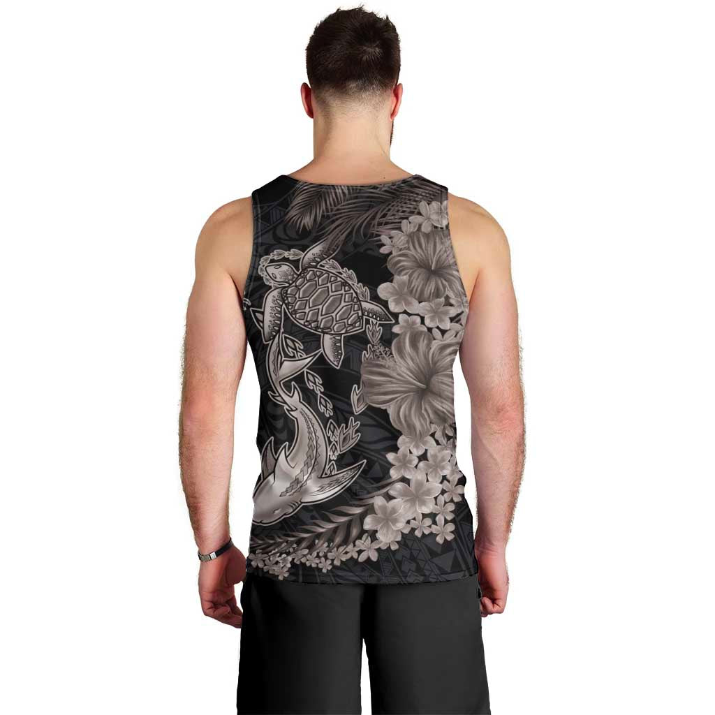 Hawaiian Tropical Plants Turtle and Shark Men Tank Top Polynesian Art Tattoo Grayscale Color LT03 - Polynesian Pride