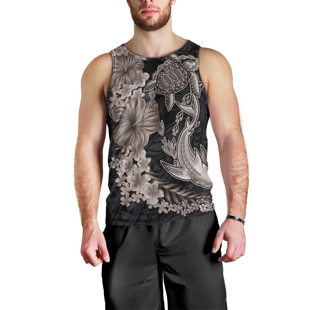 Hawaiian Tropical Plants Turtle and Shark Men Tank Top Polynesian Art Tattoo Grayscale Color LT03 - Polynesian Pride