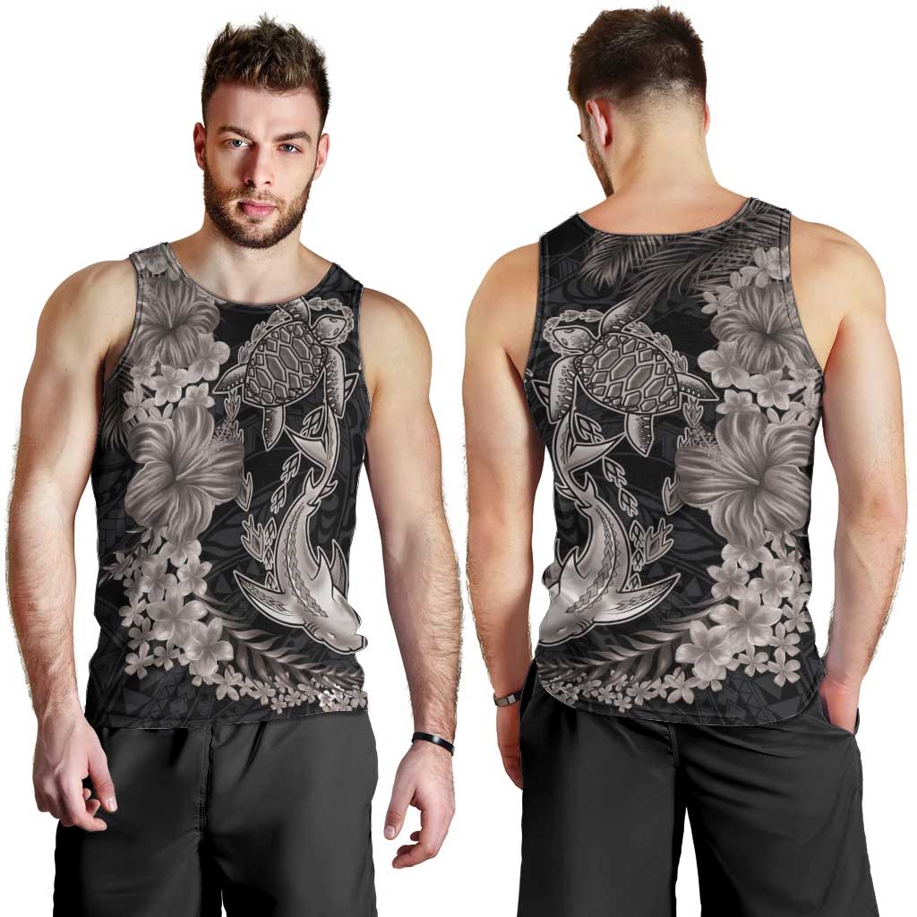 Hawaiian Tropical Plants Turtle and Shark Men Tank Top Polynesian Art Tattoo Grayscale Color LT03 - Polynesian Pride