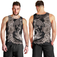 Hawaiian Tropical Plants Turtle and Shark Men Tank Top Polynesian Art Tattoo Grayscale Color LT03 - Polynesian Pride