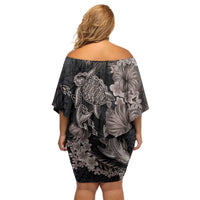 Hawaiian Tropical Plants Turtle and Shark Off Shoulder Short Dress Polynesian Art Tattoo Grayscale Color