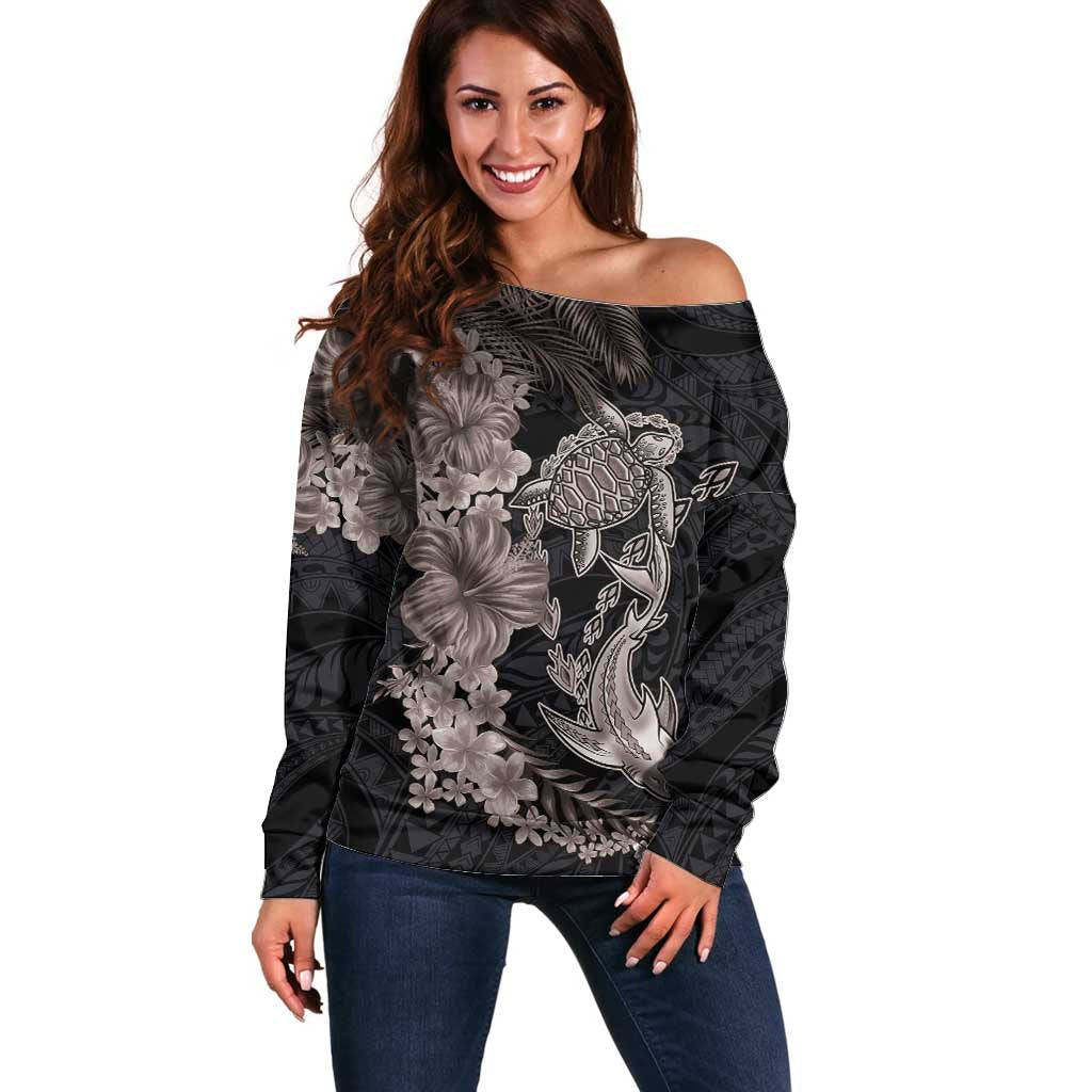 Hawaiian Tropical Plants Turtle and Shark Off Shoulder Sweater Polynesian Art Tattoo Grayscale Color