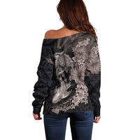 Hawaiian Tropical Plants Turtle and Shark Off Shoulder Sweater Polynesian Art Tattoo Grayscale Color
