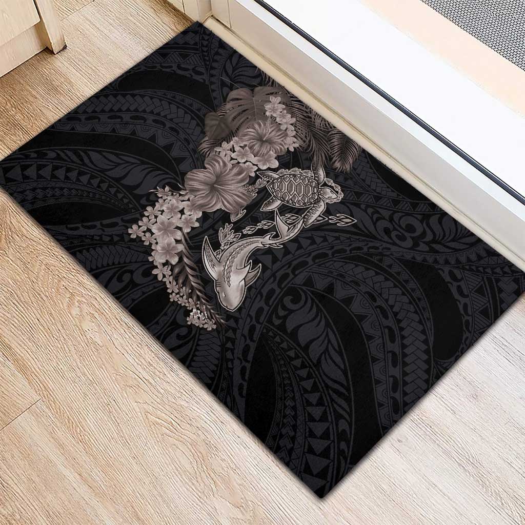 Hawaiian Tropical Plants Turtle and Shark Rubber Doormat Polynesian Art Tattoo Grayscale Color LT03 - Polynesian Pride