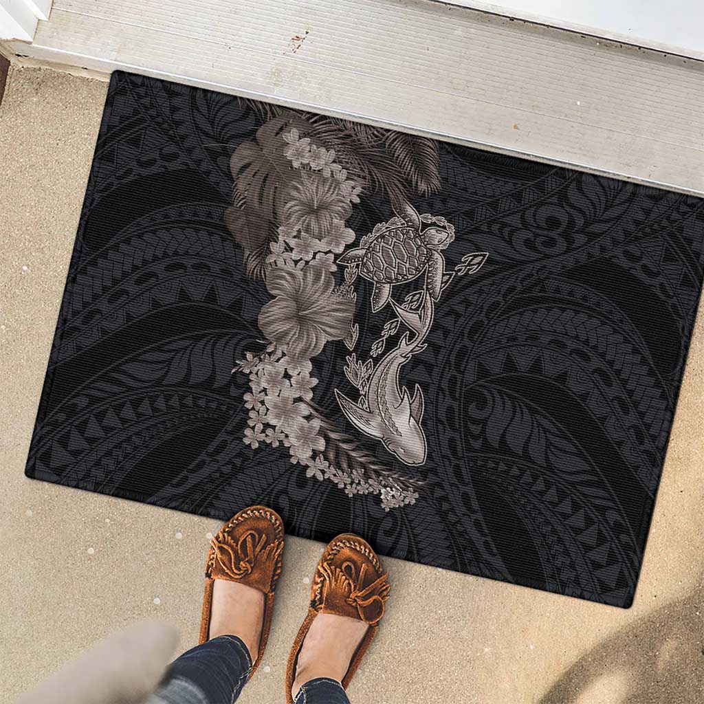 Hawaiian Tropical Plants Turtle and Shark Rubber Doormat Polynesian Art Tattoo Grayscale Color LT03 - Polynesian Pride