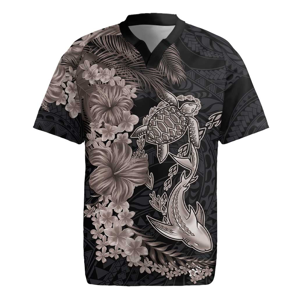 Hawaiian Tropical Plants Turtle and Shark Rugby Jersey Polynesian Art Tattoo Grayscale Color LT03 Black - Polynesian Pride