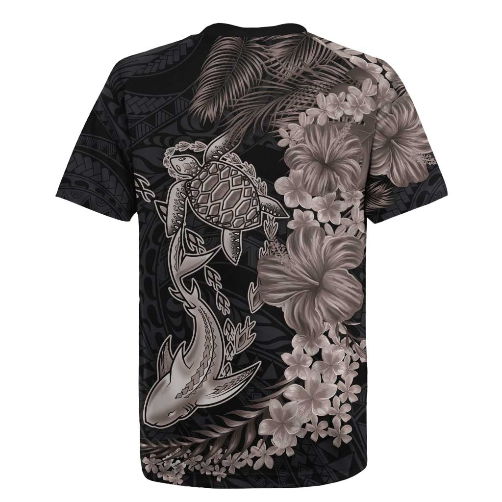 Hawaiian Tropical Plants Turtle and Shark Rugby Jersey Polynesian Art Tattoo Grayscale Color LT03 - Polynesian Pride