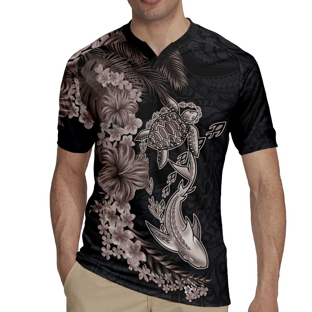 Hawaiian Tropical Plants Turtle and Shark Rugby Jersey Polynesian Art Tattoo Grayscale Color LT03 - Polynesian Pride